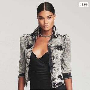 Retrofete Distressed Gray-Black Puff Shoulder Denim Jacket